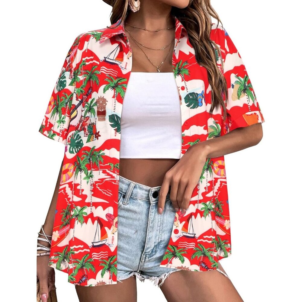 Women Red Christmas Hawaiian Button Down Shirts Short Sleeve Casual Floral Shirt